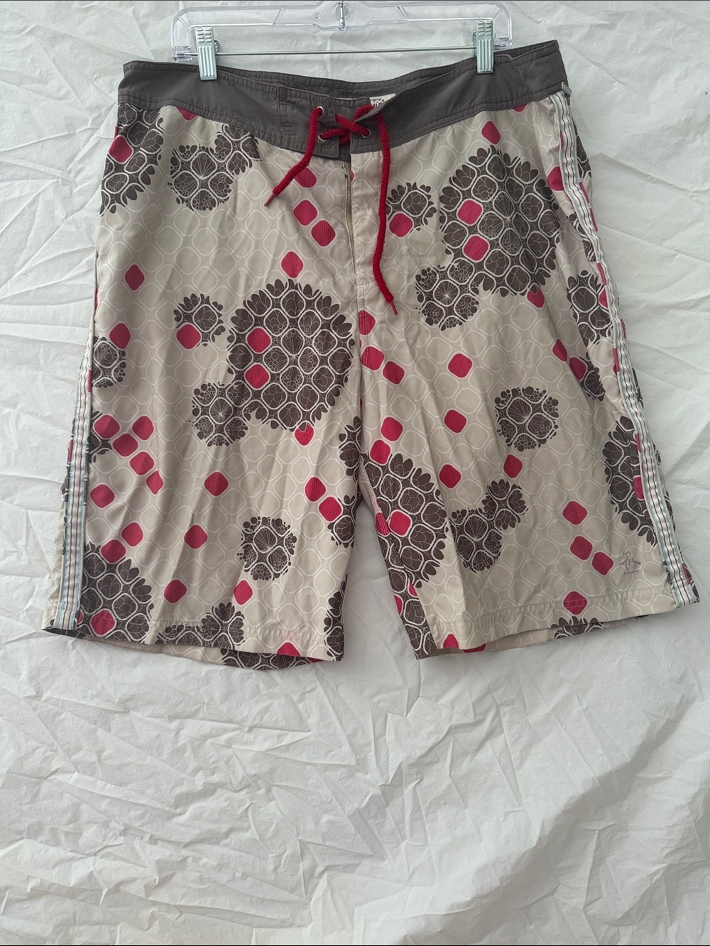 Original Penguin Beige Swim Board Shorts with Red and Brown Print